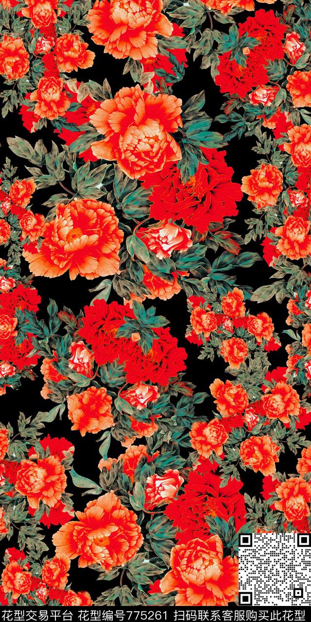 大花花朵花卉数码印花华亿平台下载（图片编号: 775261） - 瓦栏（Walan）