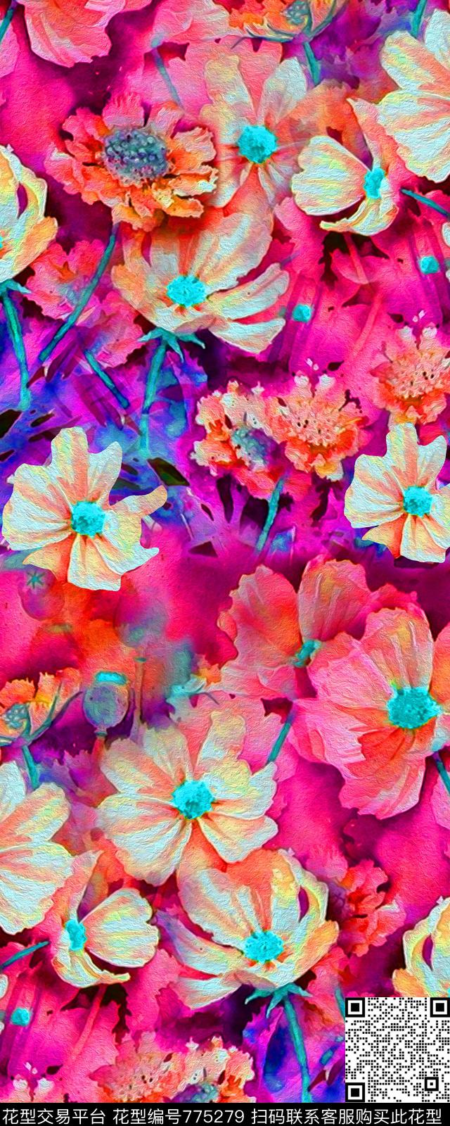 大花花朵花卉数码印花华亿平台下载（图片编号: 775279） - 瓦栏（Walan）