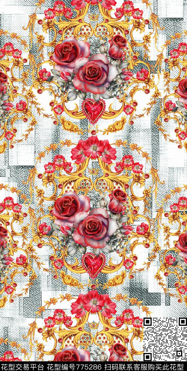 金属花纹玫瑰数码印花华亿平台下载（图片编号: 775286） - 瓦栏（Walan）