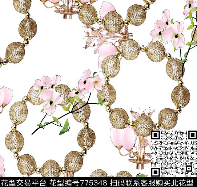 白底乱花灯笼花卉数码印花华亿平台下载（图片编号: 775348） - 瓦栏（Walan）