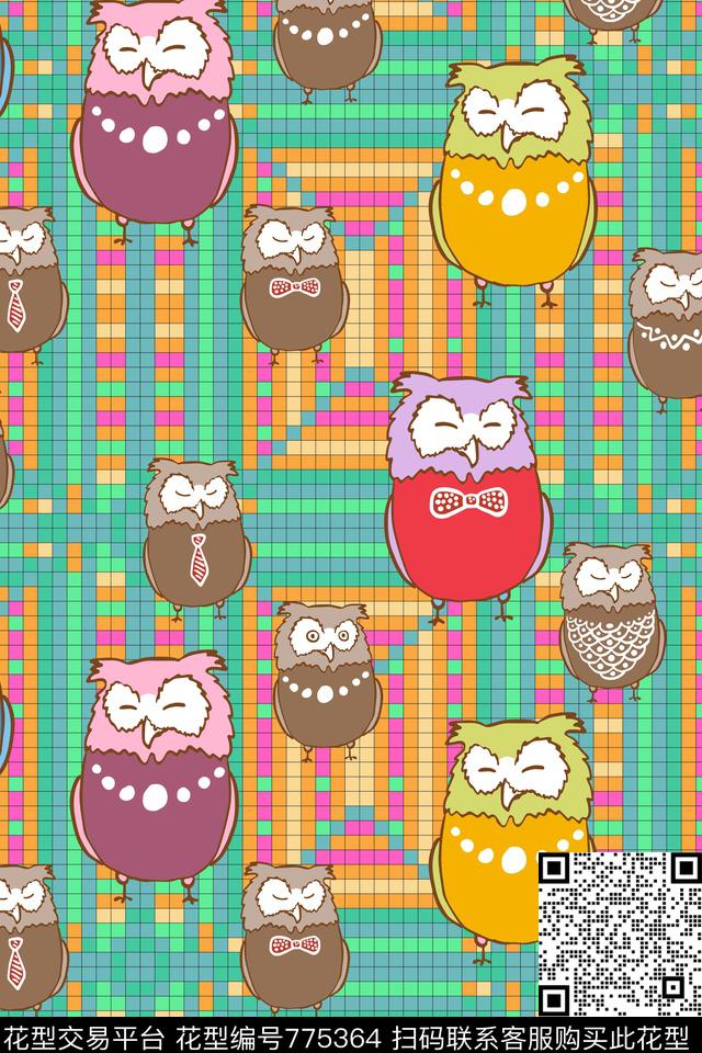 猫头鹰卡通婴童格纹传统印花华亿平台下载（图片编号: 775364） - 瓦栏（Walan）