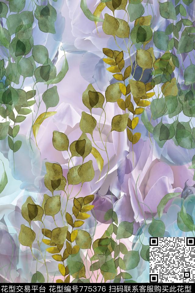 叶子花朵淡雅数码印花华亿平台下载（图片编号: 775376） - 瓦栏（Walan）