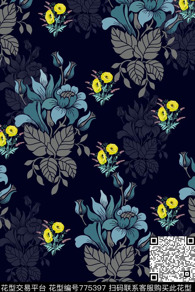 牡丹水仙花康乃馨数码印花华亿平台下载（图片编号: 775397） - 瓦栏（Walan）