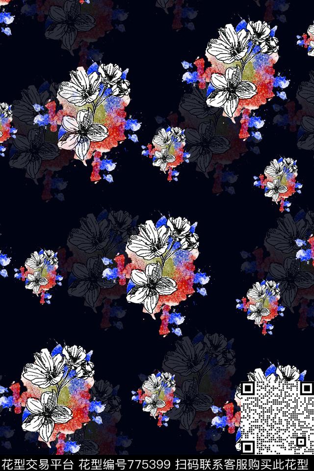 牵牛花牡丹花卉数码印花华亿平台下载（图片编号: 775399） - 瓦栏（Walan）