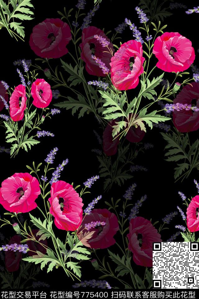 薰衣草牵牛花花卉数码印花华亿平台下载（图片编号: 775400） - 瓦栏（Walan）
