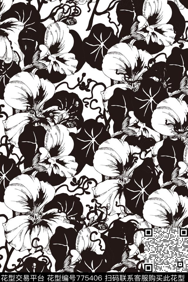 牵牛花曼陀罗花卉传统印花华亿平台下载（图片编号: 775406） - 瓦栏（Walan）