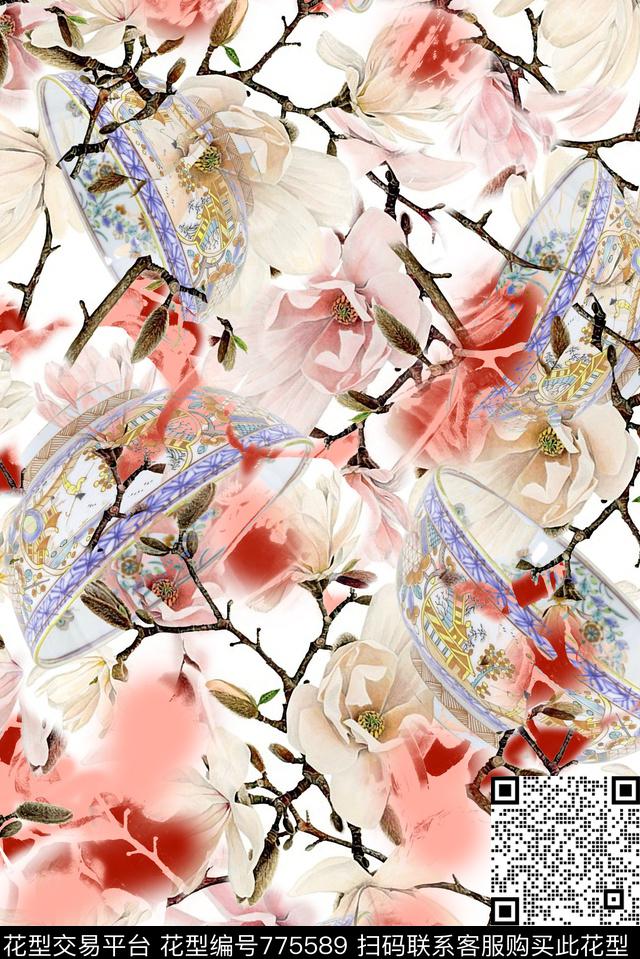 玉兰花青花瓷水墨数码印花华亿平台下载（图片编号: 775589） - 瓦栏（Walan）