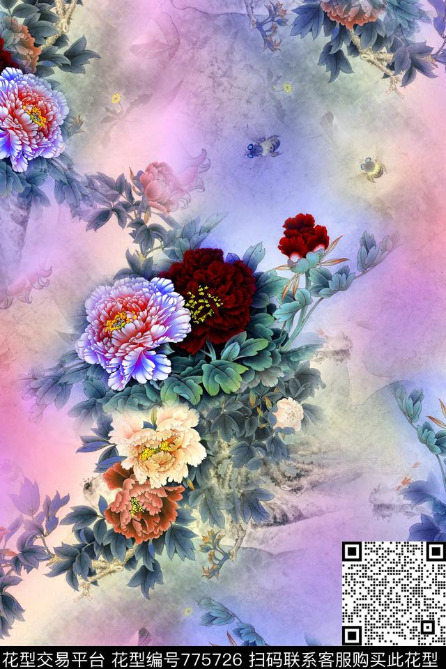 中国风牡丹大花数码印花华亿平台下载（图片编号: 775726） - 瓦栏（Walan）
