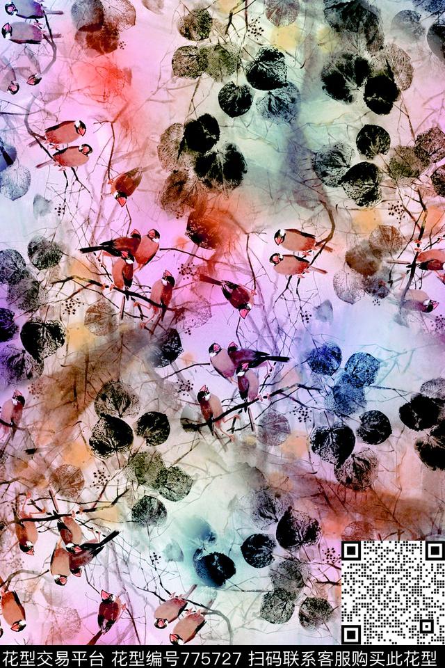 叶子花鸟数码印花华亿平台下载（图片编号: 775727） - 瓦栏（Walan）