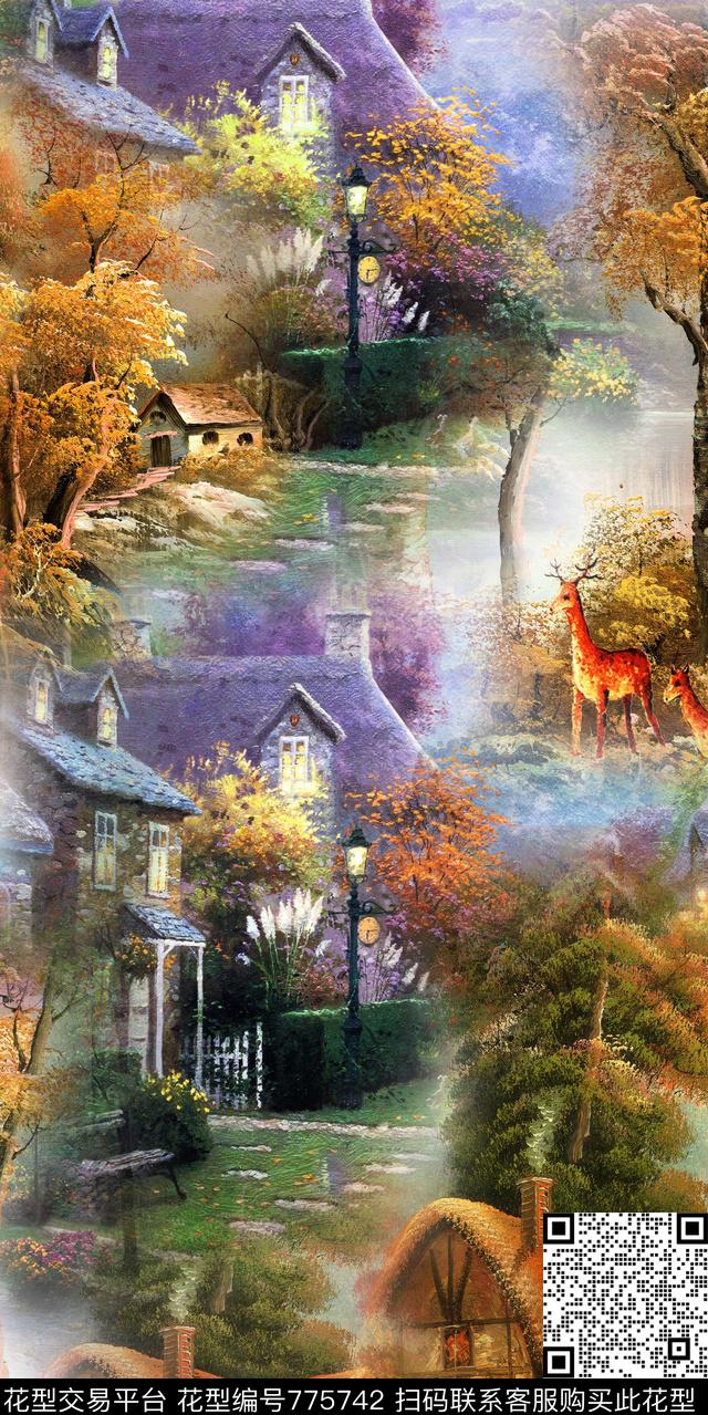 建筑树林风景数码印花华亿平台下载（图片编号: 775742） - 瓦栏（Walan）