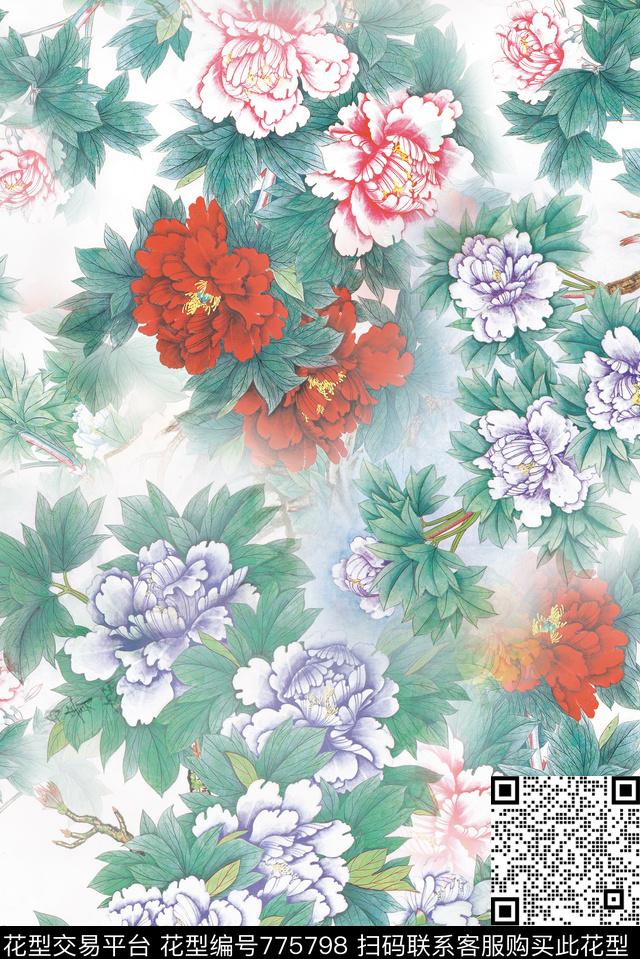 中国风工笔画花卉数码印花华亿平台下载（图片编号: 775798） - 瓦栏（Walan）
