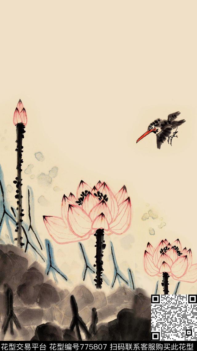 水墨数码印花荷花数码印花华亿平台下载（图片编号: 775807） - 瓦栏（Walan）