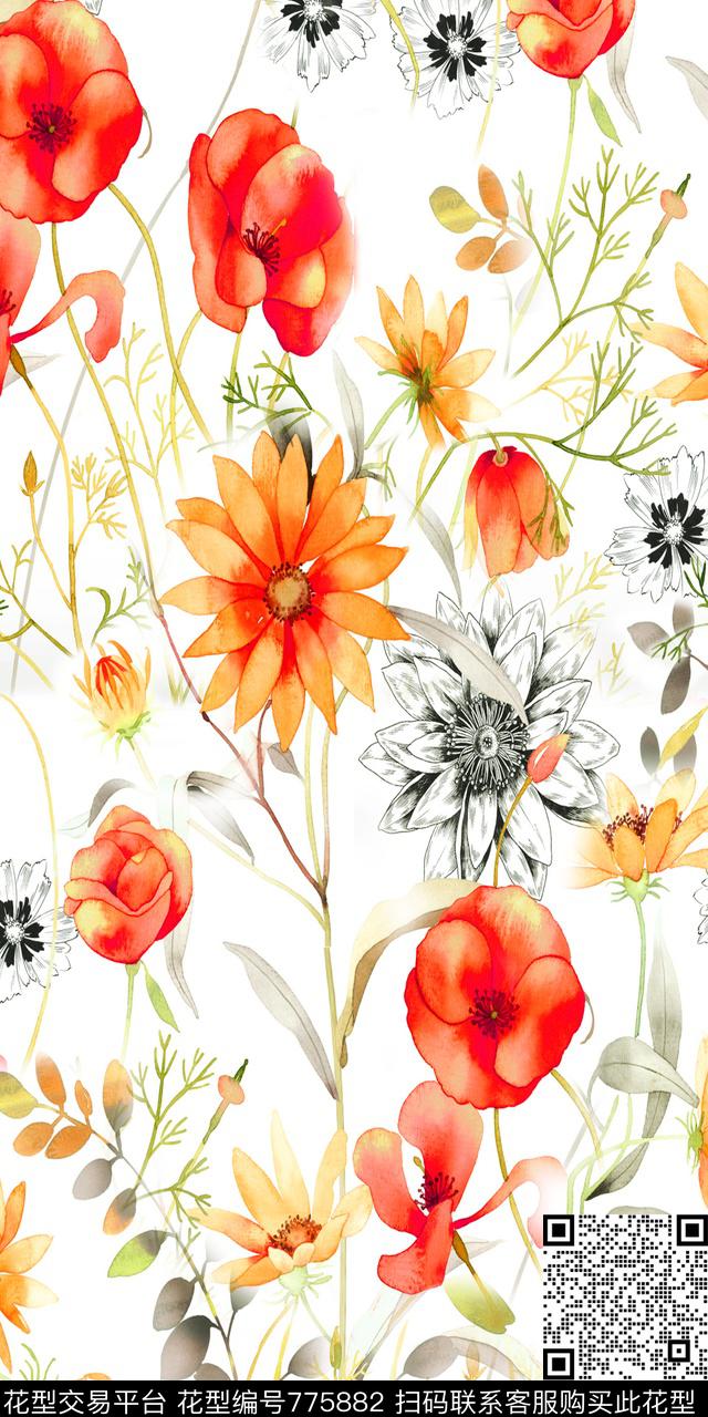 大花花朵花卉数码印花华亿平台下载（图片编号: 775882） - 瓦栏（Walan）
