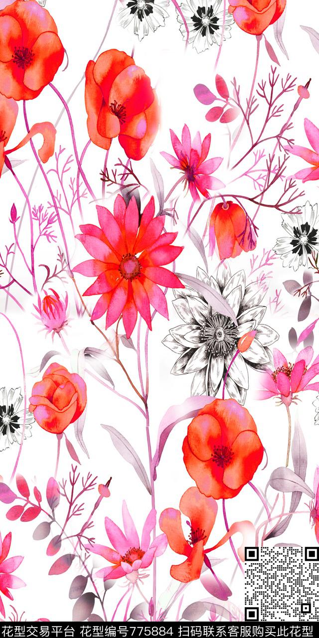 大花花朵花卉数码印花华亿平台下载（图片编号: 775884） - 瓦栏（Walan）