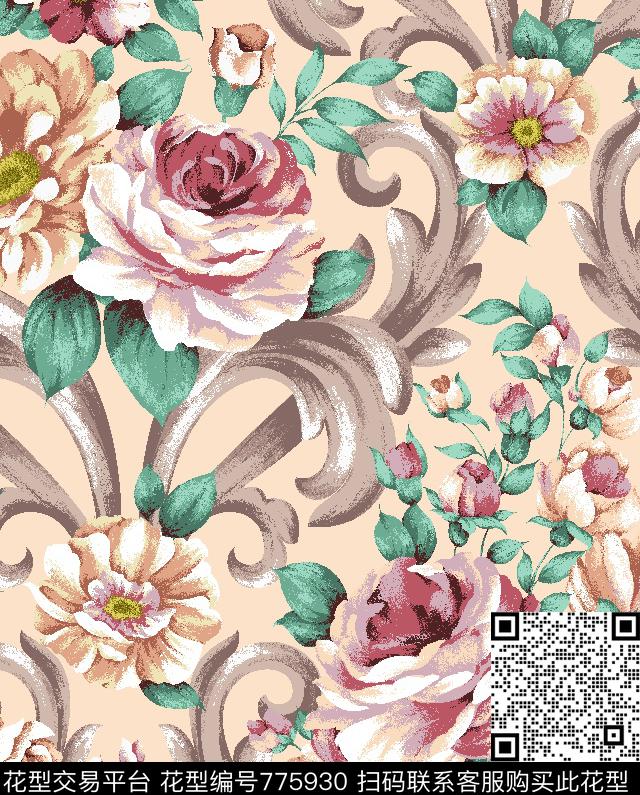 DAMASK大花卉欧式卷草传统印花华亿平台下载（图片编号: 775930） - 瓦栏（Walan）