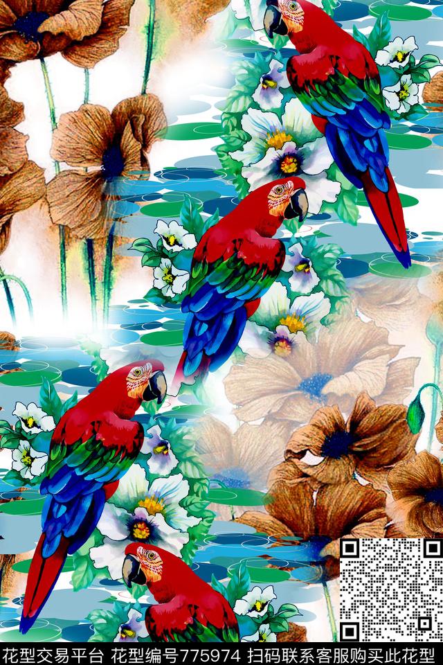 花卉花鸟鸟数码印花华亿平台下载（图片编号: 775974） - 瓦栏（Walan）