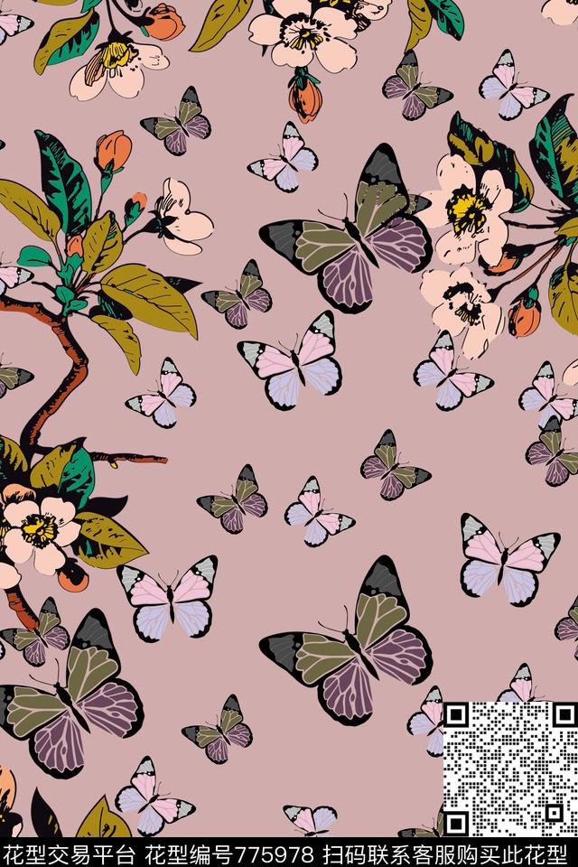 花鸟大花蝴蝶传统印花华亿平台下载（图片编号: 775978） - 瓦栏（Walan）