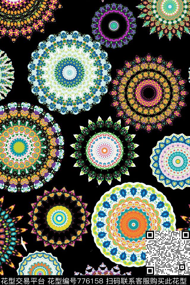 圆圈圆形万花筒传统印花华亿平台下载（图片编号: 776158） - 瓦栏（Walan）