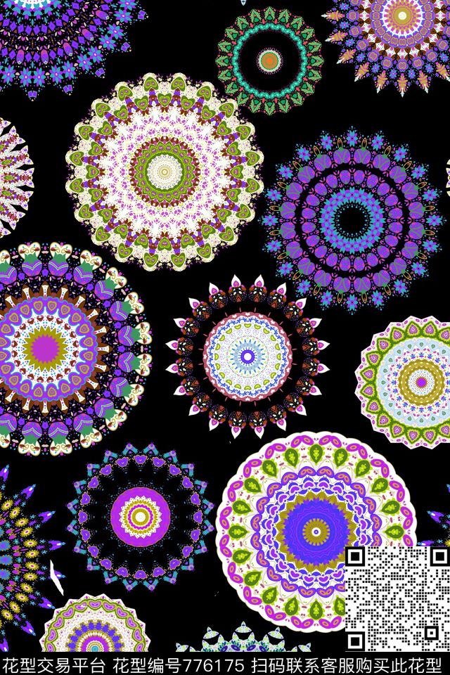 圆圈圆形万花筒传统印花华亿平台下载（图片编号: 776175） - 瓦栏（Walan）