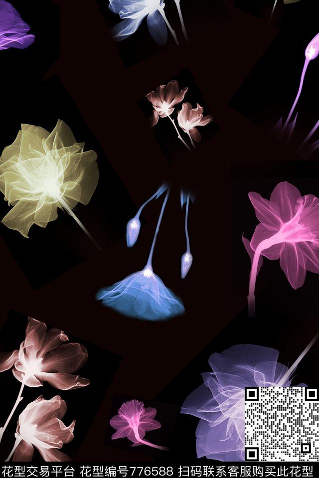 乱花牵牛花透明花数码印花华亿平台下载（图片编号: 776588） - 瓦栏（Walan）