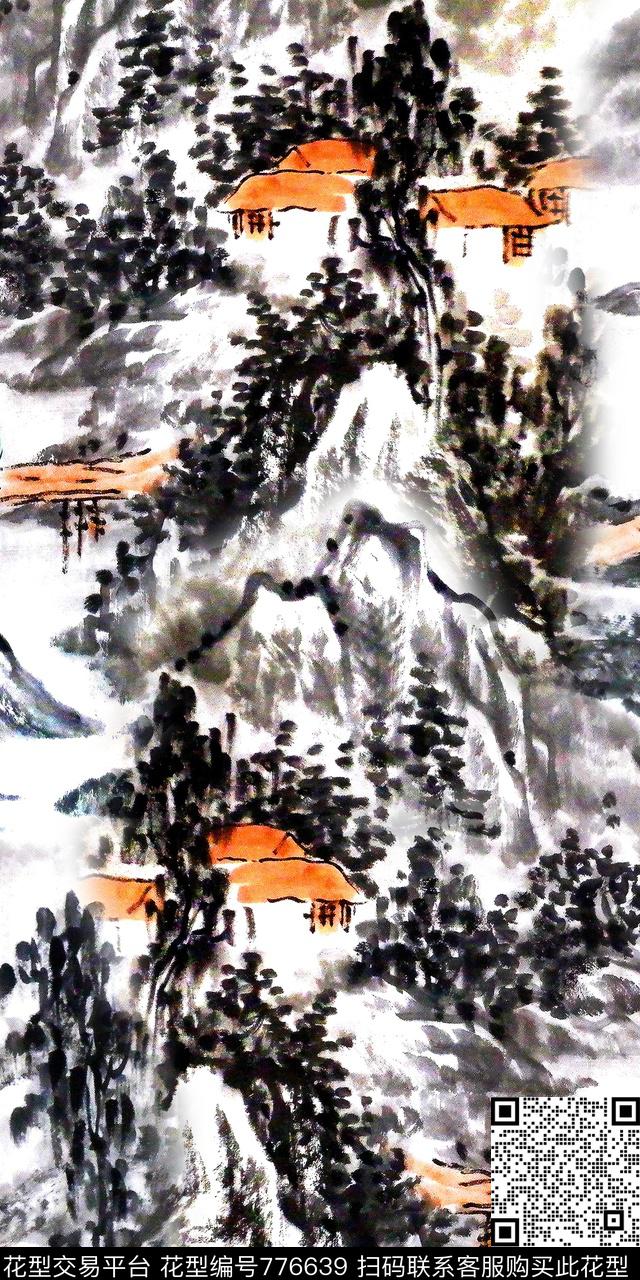 工笔画数码印花手绘风景数码印花华亿平台下载（图片编号: 776639） - 瓦栏（Walan）