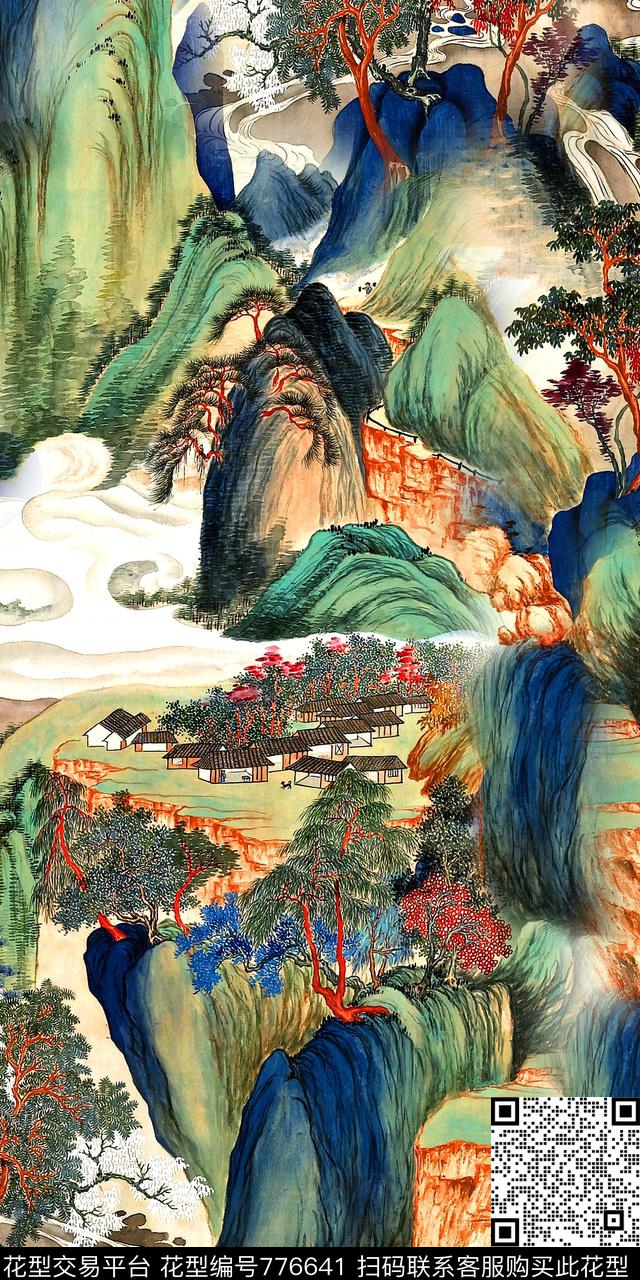 工笔画数码印花手绘风景数码印花华亿平台下载（图片编号: 776641） - 瓦栏（Walan）