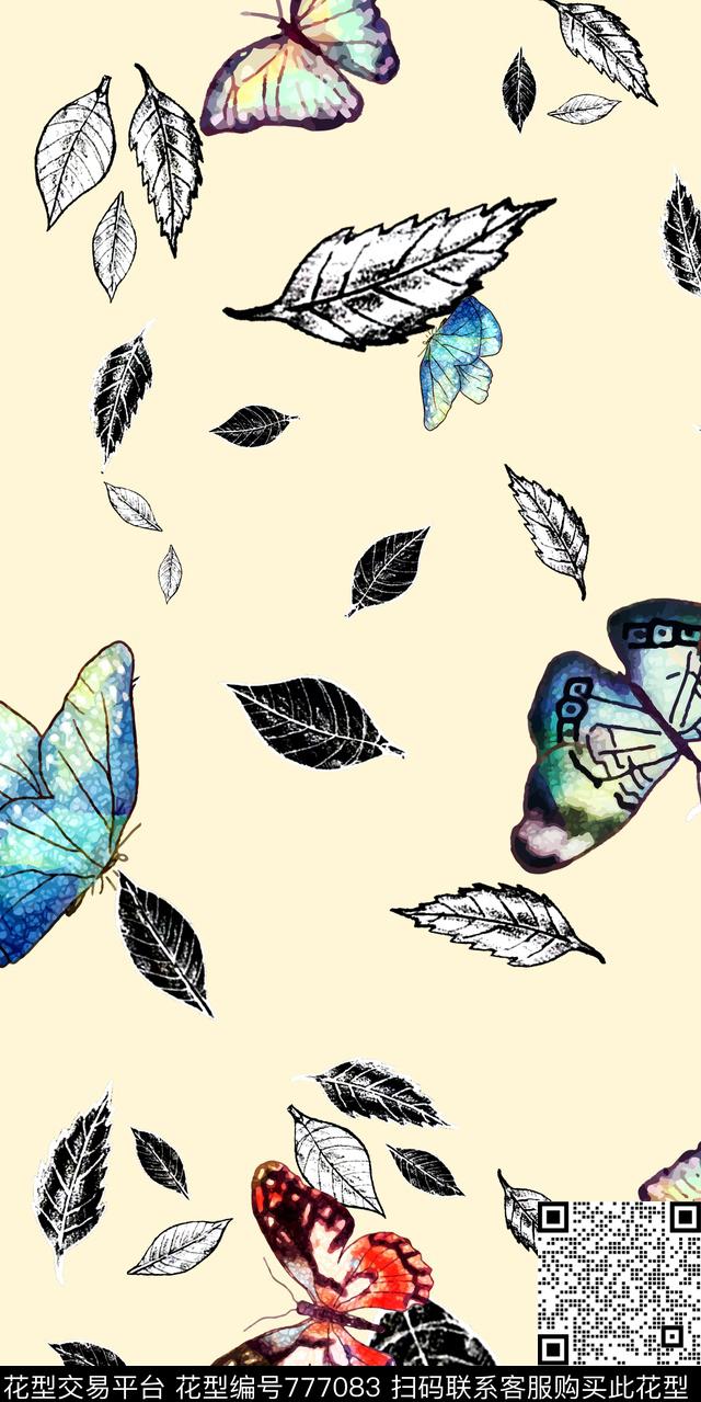 树叶蝴蝶趣味数码印花华亿平台下载（图片编号: 777083） - 瓦栏（Walan）