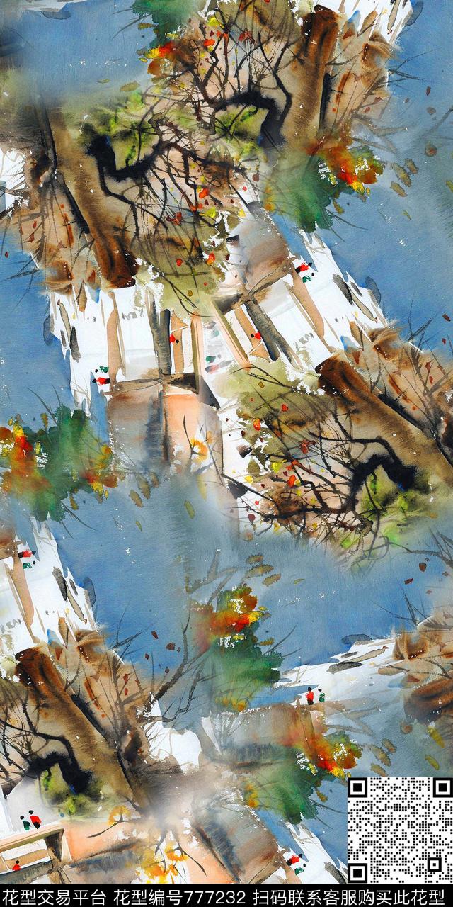 数码印花国画山水数码印花华亿平台下载（图片编号: 777232） - 瓦栏（Walan）