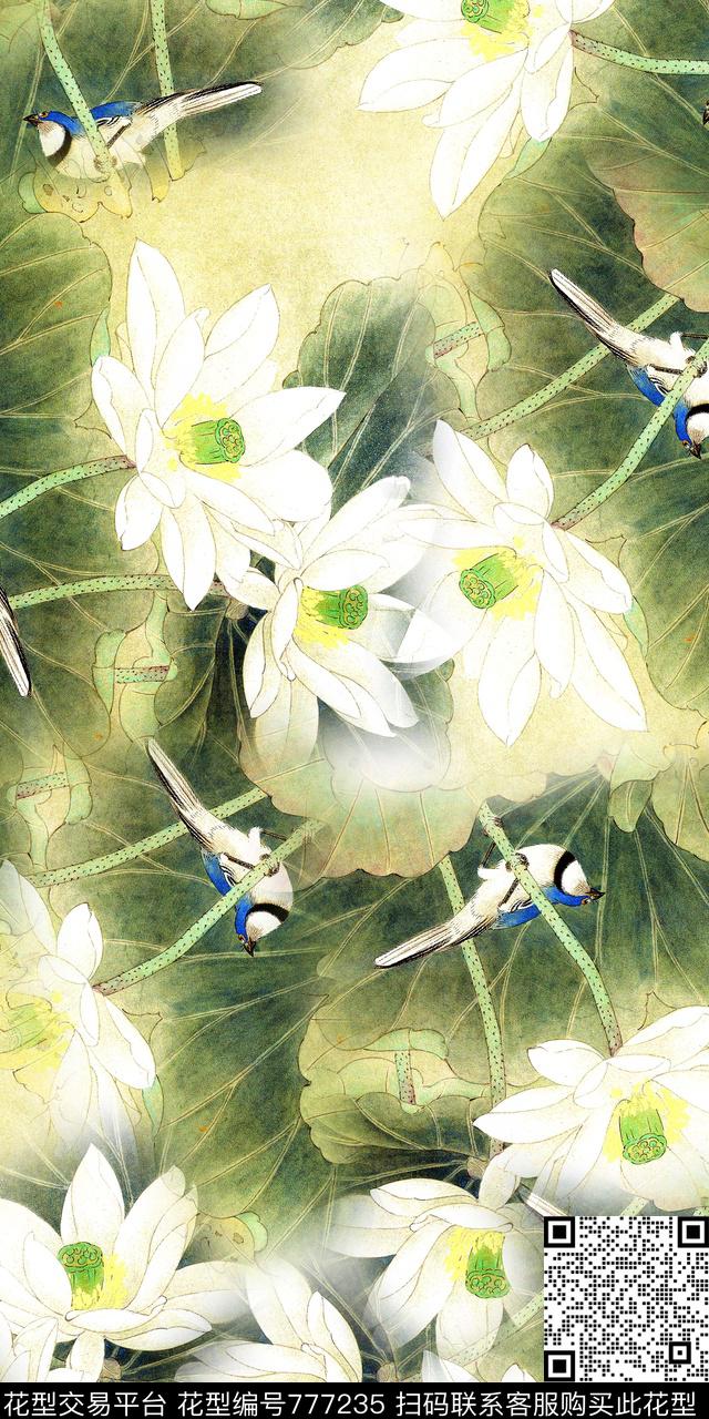 数码印花国画荷花数码印花华亿平台下载（图片编号: 777235） - 瓦栏（Walan）