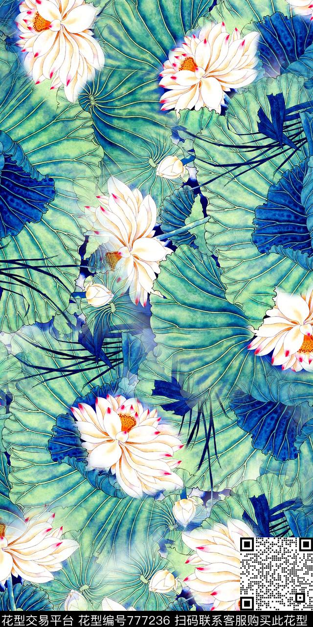 数码印花国画荷花数码印花华亿平台下载（图片编号: 777236） - 瓦栏（Walan）