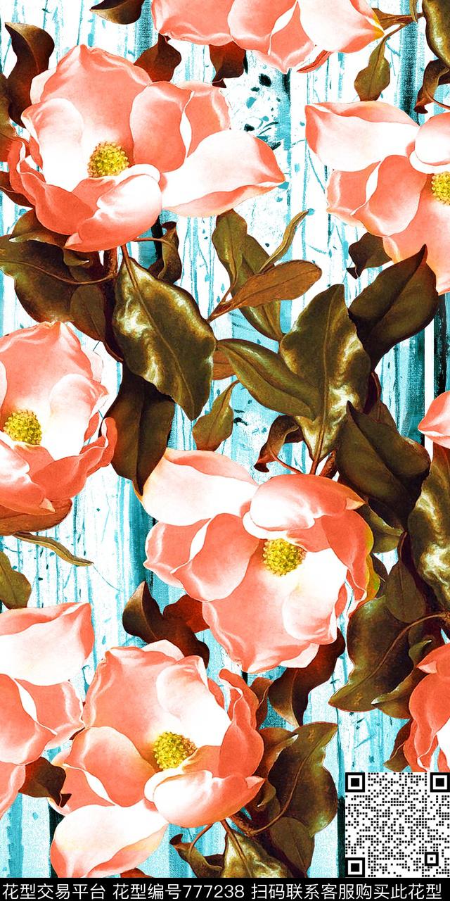 大花花卉手绘数码印花华亿平台下载（图片编号: 777238） - 瓦栏（Walan）