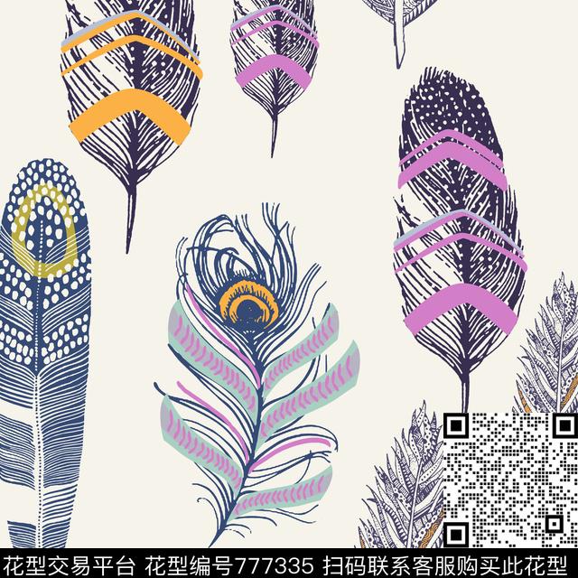 羽毛孔雀手绘数码印花华亿平台下载（图片编号: 777335） - 瓦栏（Walan）
