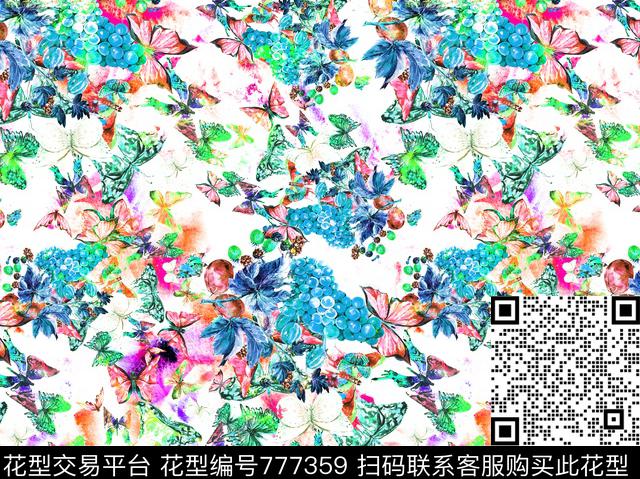 手绘花卉葡萄数码印花华亿平台下载（图片编号: 777359） - 瓦栏（Walan）