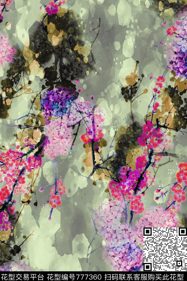 薰衣草树枝剪影数码印花华亿平台下载（图片编号: 777360） - 瓦栏（Walan）
