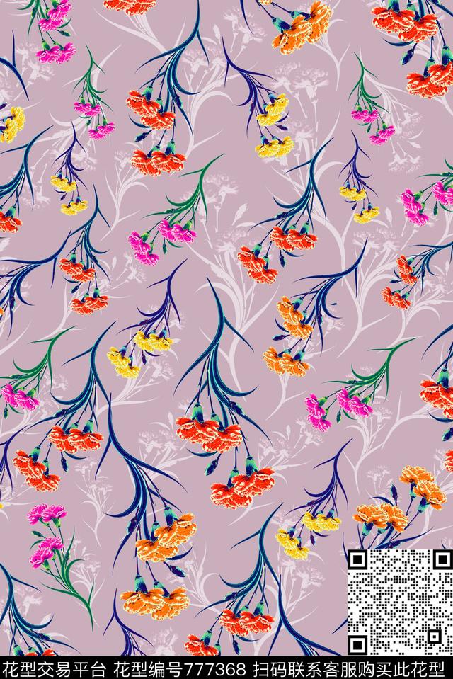 手绘康乃馨花卉数码印花华亿平台下载（图片编号: 777368） - 瓦栏（Walan）