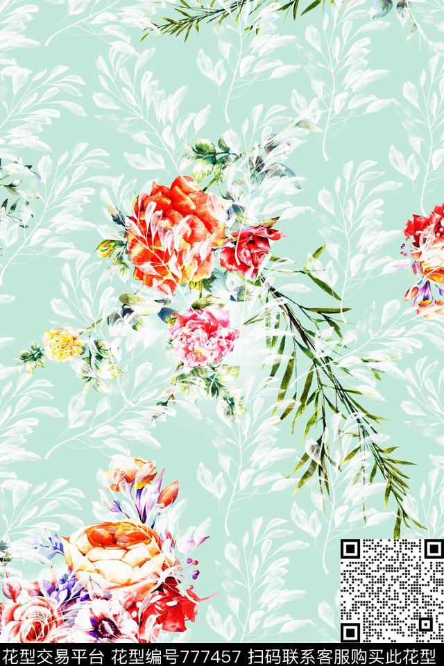 草木绿花卉树枝数码印花华亿平台下载（图片编号: 777457） - 瓦栏（Walan）