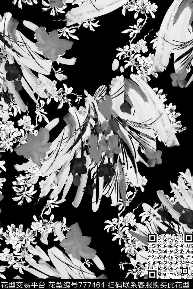 手绘黑白花卉数码印花华亿平台下载（图片编号: 777464） - 瓦栏（Walan）