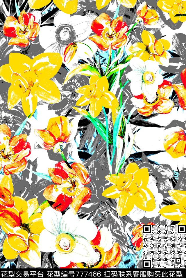 手绘花卉花草数码印花华亿平台下载（图片编号: 777466） - 瓦栏（Walan）