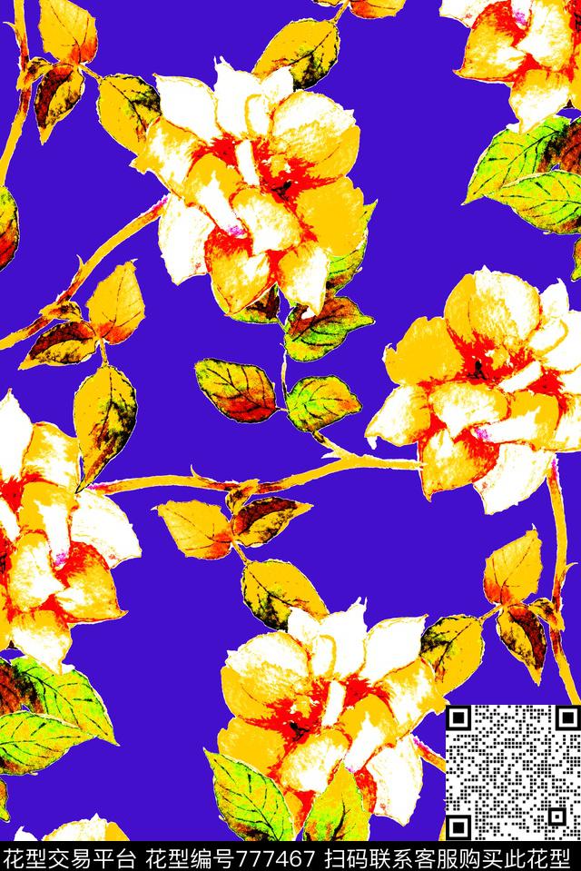 手绘玫瑰花卉数码印花华亿平台下载（图片编号: 777467） - 瓦栏（Walan）