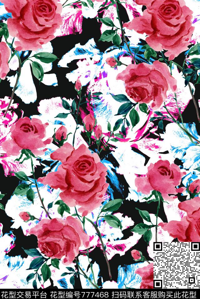 手绘玫瑰花卉数码印花华亿平台下载（图片编号: 777468） - 瓦栏（Walan）