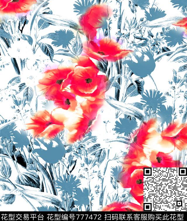 罂粟花花卉花草数码印花华亿平台下载（图片编号: 777472） - 瓦栏（Walan）