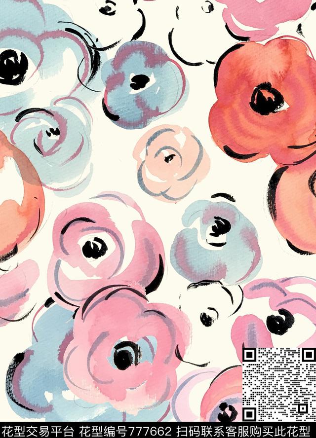 花卉手绘水彩水彩花卉传统印花华亿平台下载（图片编号: 777662） - 瓦栏（Walan）