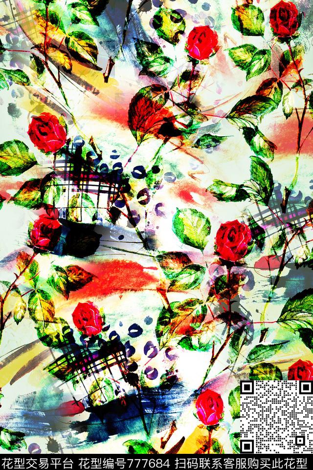 抽象玫瑰绿叶数码印花华亿平台下载（图片编号: 777684） - 瓦栏（Walan）