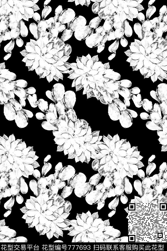 剪影多肉植物数码印花华亿平台下载（图片编号: 777693） - 瓦栏（Walan）