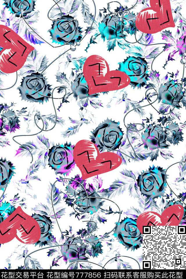 花卉爱心泼墨数码印花华亿平台下载（图片编号: 777856） - 瓦栏（Walan）