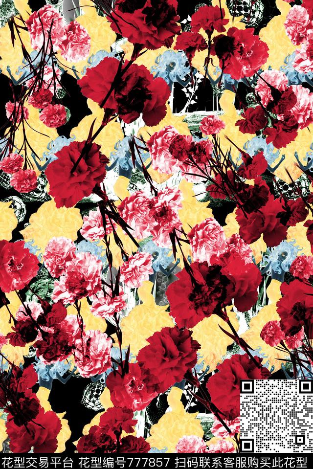 花卉康乃馨花朵数码印花华亿平台下载（图片编号: 777857） - 瓦栏（Walan）