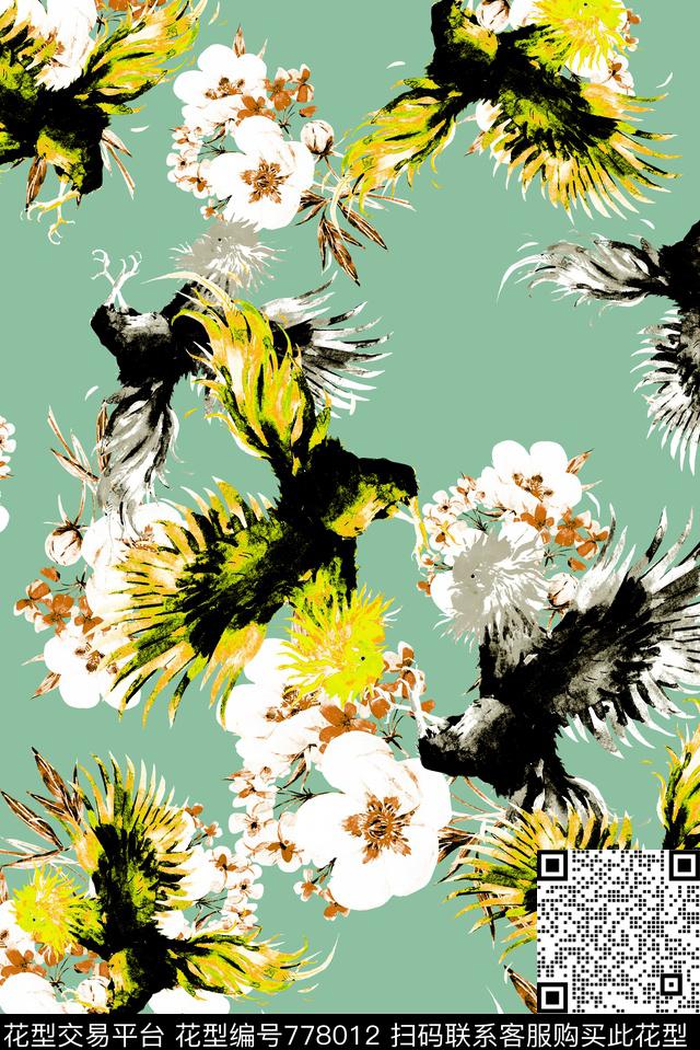 金鸡花卉草木绿数码印花华亿平台下载（图片编号: 778012） - 瓦栏（Walan）