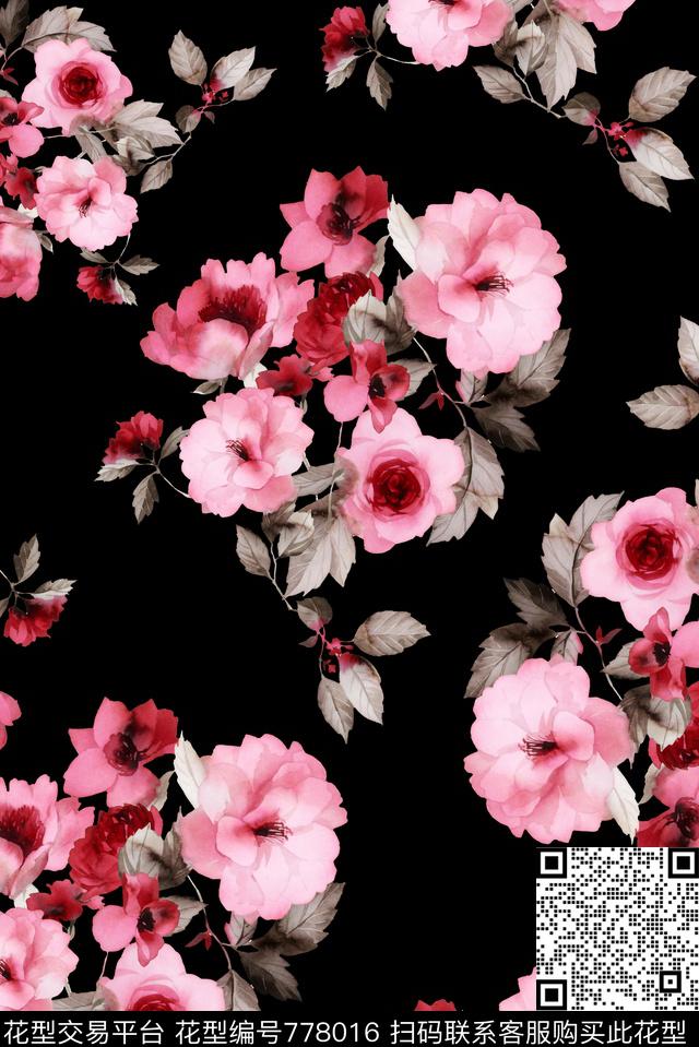 玫瑰花卉花团数码印花华亿平台下载（图片编号: 778016） - 瓦栏（Walan）