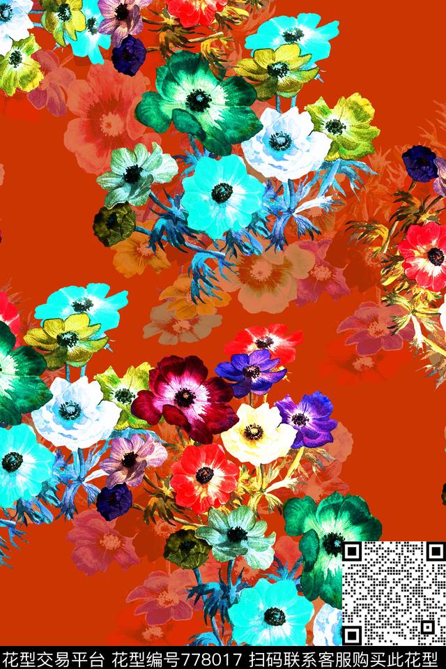 手绘花卉五彩数码印花华亿平台下载（图片编号: 778017） - 瓦栏（Walan）