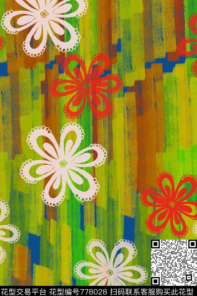鲜艳多彩手绘线条笔触风格化花卉数码印花华亿平台下载（图片编号: 778028） - 瓦栏（Walan）